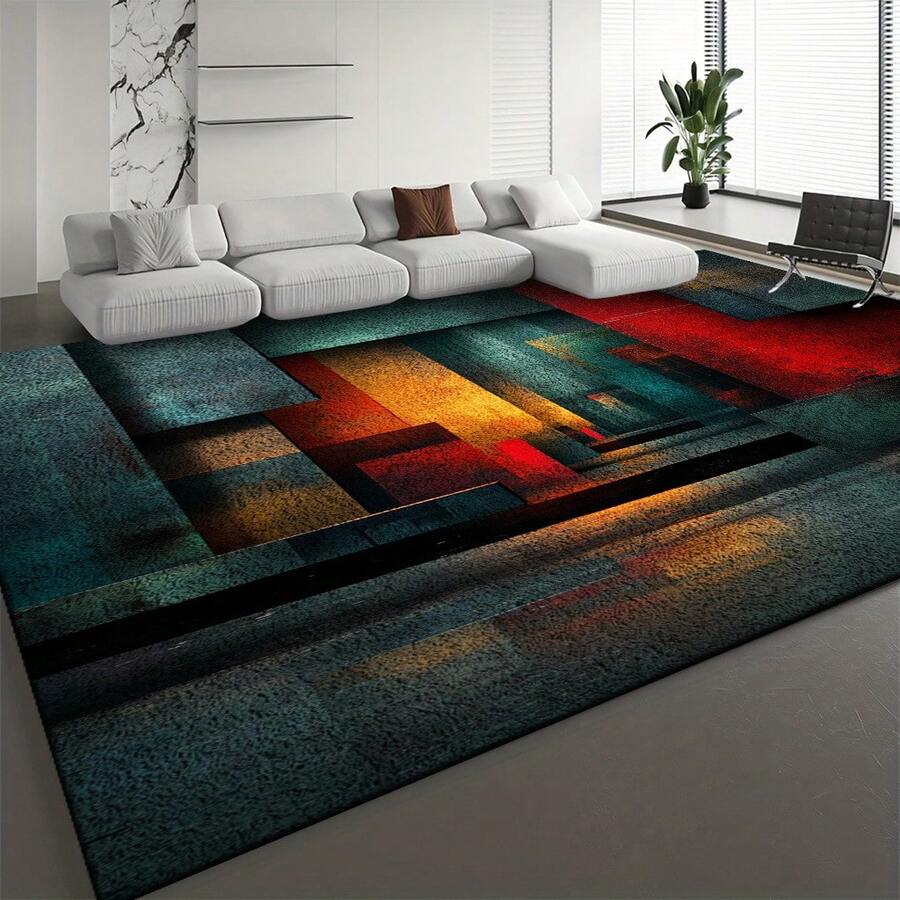 Extra Large Luxurious Thickened Soft Cushion, Modern Minimalist Style Geometric Color Block Patchwork Pattern Carpet, Available In Red, Green, Yellow, And Other Colors, Machine Washable, Soft And Comfortable Back, Lightweight - 彩色 - 查看 1