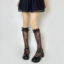 Benefeet Sox Lace Knee High Socks Women Girls Patterned Mesh Fishnet Knee High Stockings Hollow Calf Lolita Sock{"Color_name":"Black-BigLaceRuffleFloral"} - 黑色-大蕾絲荷葉邊碎花 - 查看 8