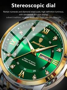POEDAGAR 1件装男士休闲不锈钢石英双日期手表，商务防水夜光男士手表，适合日常场合的奢华男士腕表，男士礼物 - 綠色 - 查看 8