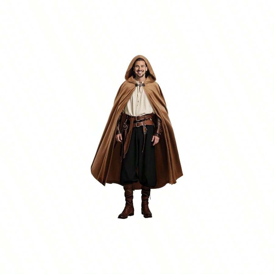 Medieval Hooded Renaissance Cape Vintage With Hood Men And Women Halloween Cosplay - 棕色 - 查看 1