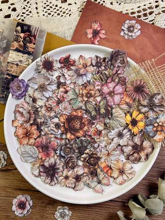 100 piezas/paquete Pegatinas florales vintage, pegatinas decorativas hechas a mano para manualidades y scrapbooking