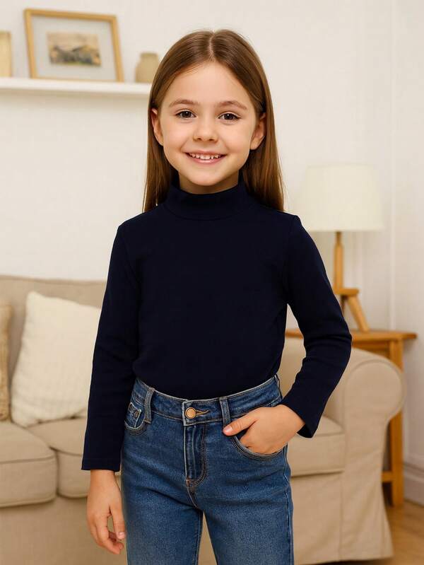 Jersey de cuello alto de manga larga de unicolor como capa base para niñas, azul marino, cálido para primavera, otoño e invierno, adecuado para niñas de 2 a 14 años