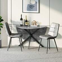 Dining Table And Chairs Set Of 2, Folding Round Dining Table With 2 PU Leather Chairs For Dining Room,Kitchen,Living Room - Gray Table + 2 Linen Black Chairs - View 5