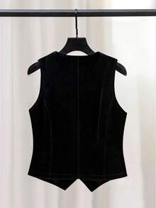 女士优雅无袖天鹅绒西装外套，适合通勤，秋冬季 - 黑色 - 查看 2