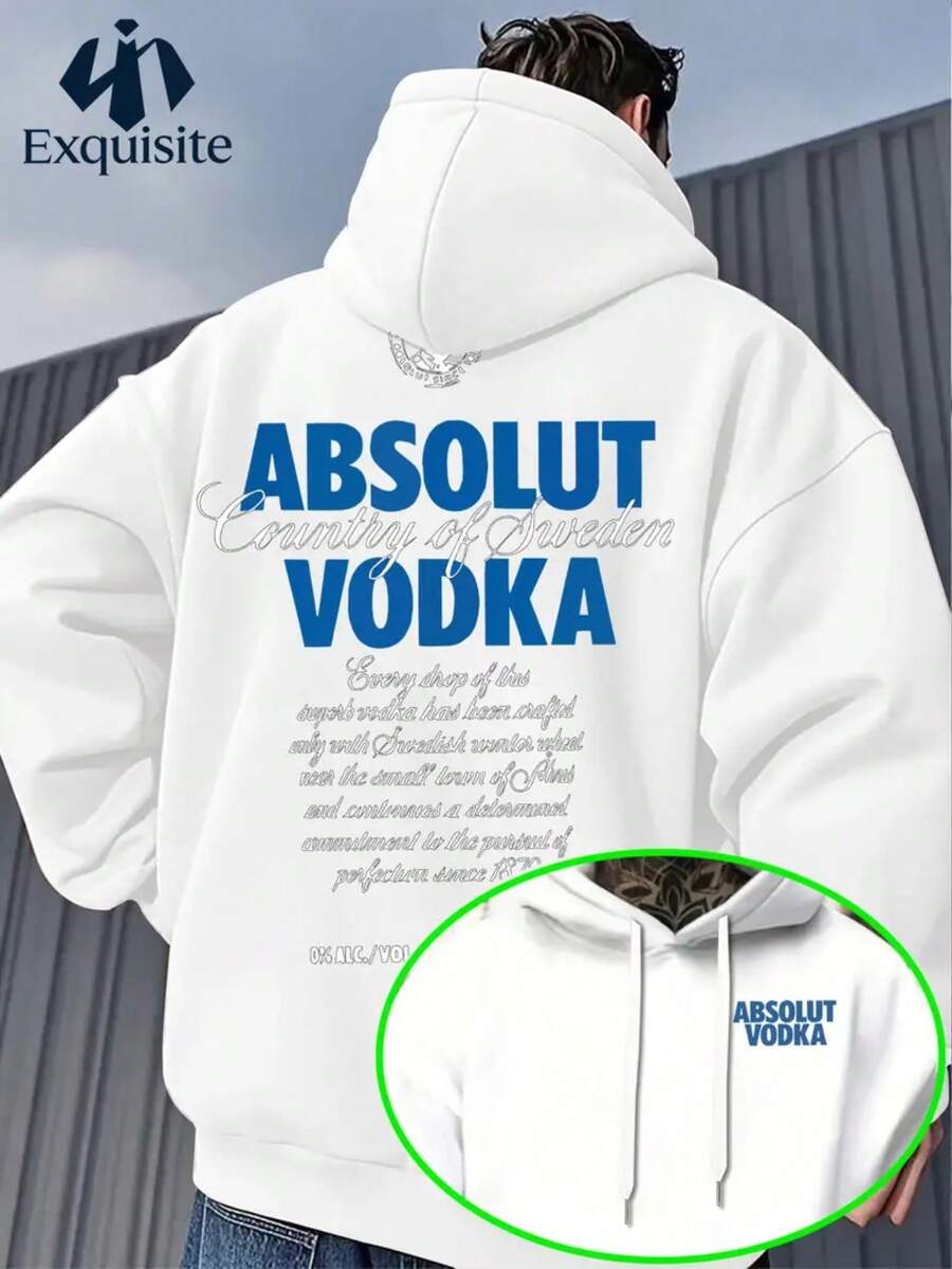 New Men's Casual Polyester Hoodie, Printed With "ABSOLUT VODKA" Pattern, Men's Cool Hoodie Casual Pattern, Slightly Elastic Knitted Fabric, Suitable For Spring And Autumn Regular Hooded Sweater. - 白色 - 查看 1