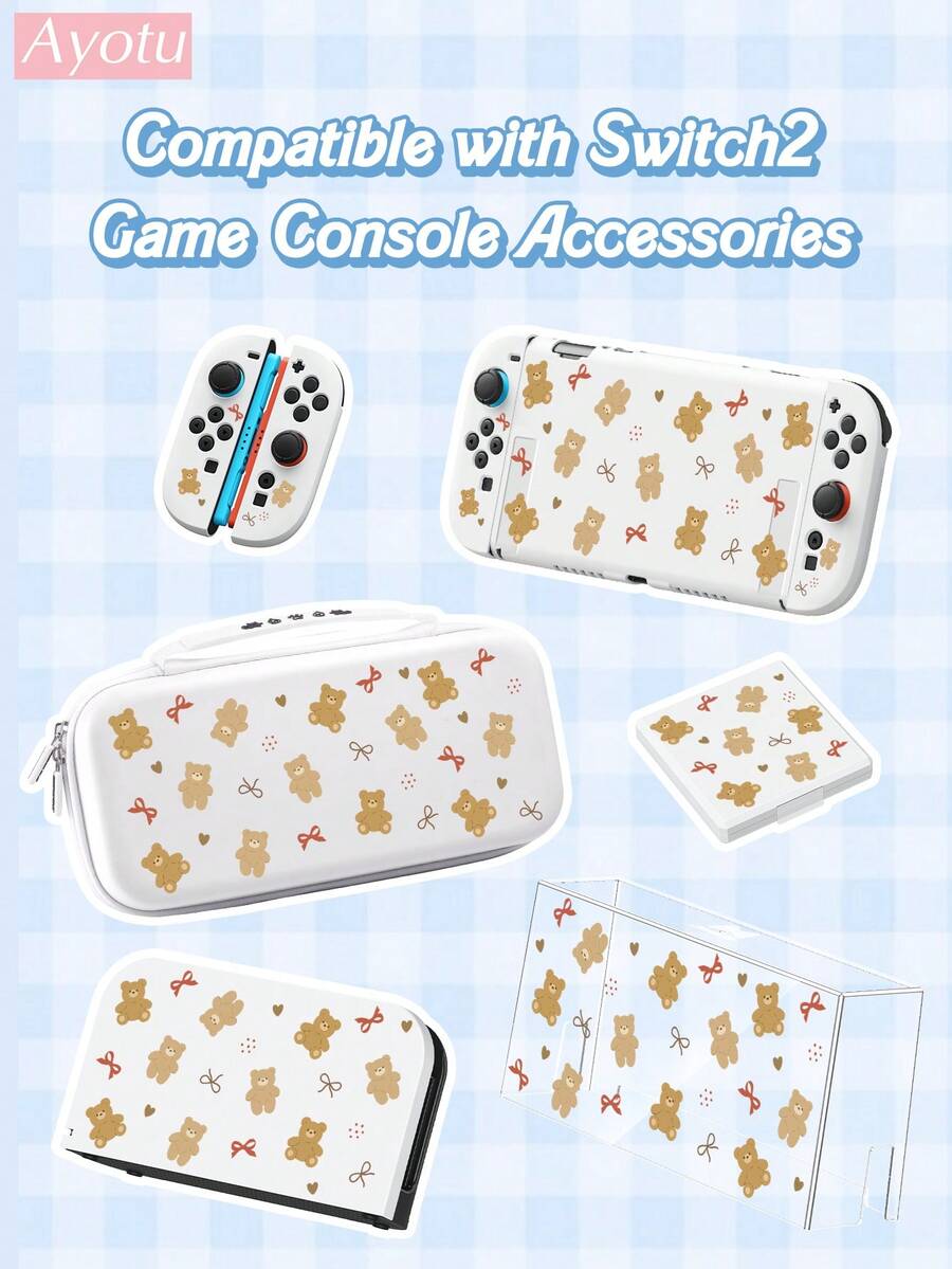 Switch 2 保护套全套 - 卡通熊和蝴蝶结图案，套装包含保护套、收纳袋、底座壳、游戏机防尘罩、Joy-Con 手柄保护套。情人节礼物/秋冬浪漫/返校礼物/圣诞节礼物