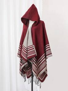 1 件条纹提花流苏连帽披肩，日常穿着 - 彩色 - 查看 4