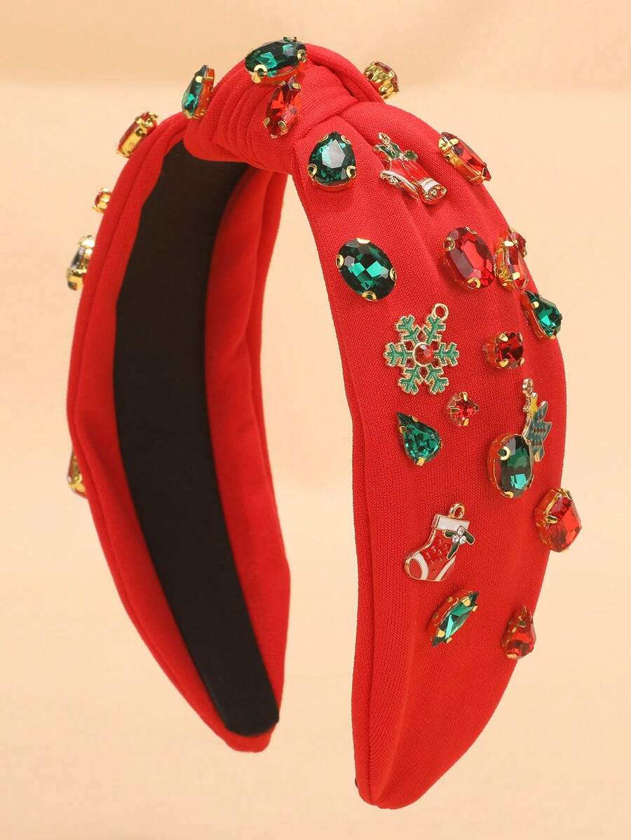 1 قطعة شريط رأس للنساء بتصميم شجرة عيد الميلاد والأجراس والثلوج والأحذية والأحجار الكريستالية، إكسسوار شعر لعيد الميلاد، ديكور عيد الميلاد، شريط شعر