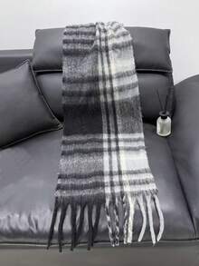 1pc Black & Gray Plaid Scarf, Rectangular Tassel Scarf Suitable For Autumn/Winter Daily Use - Snowpiercer - View 5