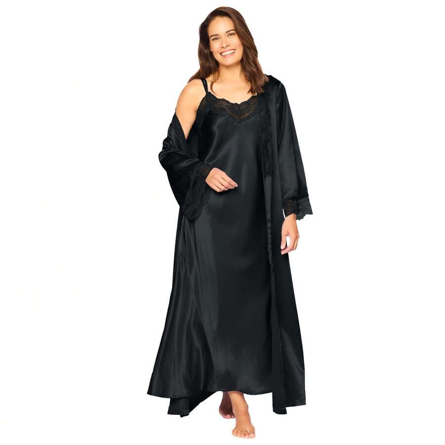 Amoureuse Plus Size The Luxe Satin Long Peignoir Set - màu đen - Xem 1
