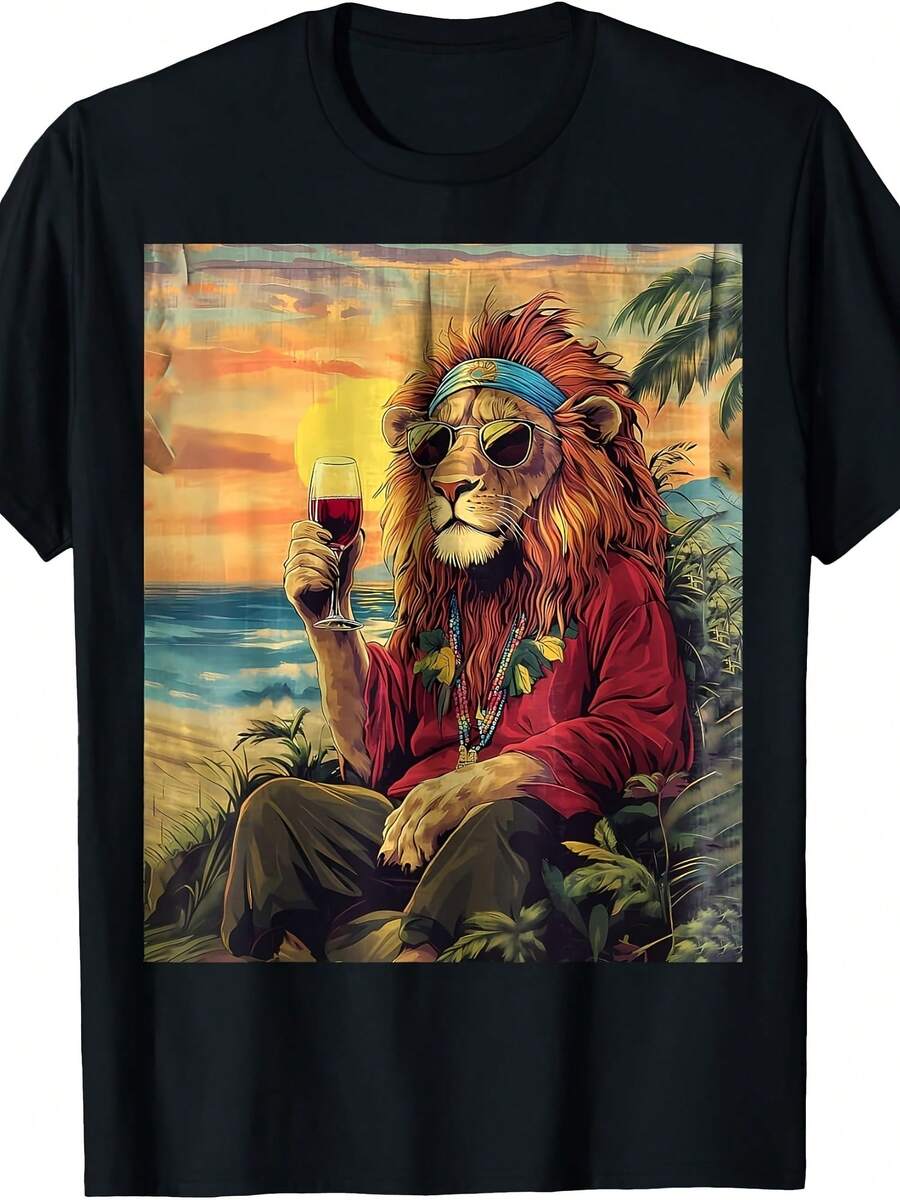 Cool Lion Reggae Soul Drinking Wine Vacation Art Print T-Shirt - 款式8 - 查看 1