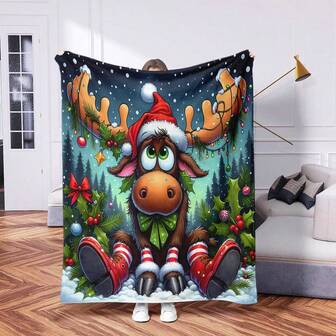 1 pieza Nueva manta de felpa con estampado digital de alta definición de un divertido ciervo de estilo moderno para Navidad, suave y cálida de poliéster, perfecta para acampar, sofá o viaje, cómoda, ligera, plegable, adecuada para sofá, cama, mecedora, chal de oficina, mejor opción de regalo divertido ciervo animal