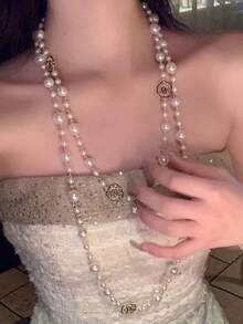 1pc Stainless Steel Hollow Flower Pearl Necklace, Long Style Versatile Fashion Sweater Chain Accessory, Rose Flower Pendant - Gold White - View 5