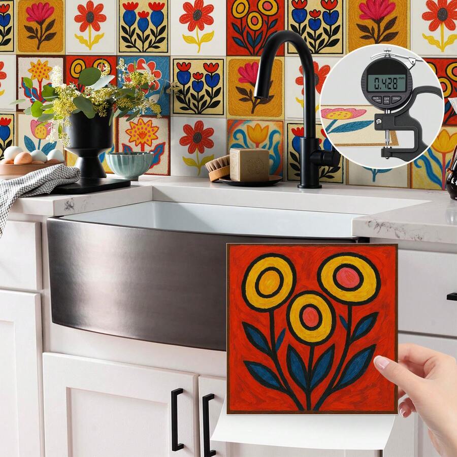 24 Floral Tile Stickers, 4x4 Inches, European Style, Peel And Stick, Waterproof PVC Tile Stickers, Farmhouse Style Kitchen And Bathroom Backsplash Decoration - 彩色 - 查看 1