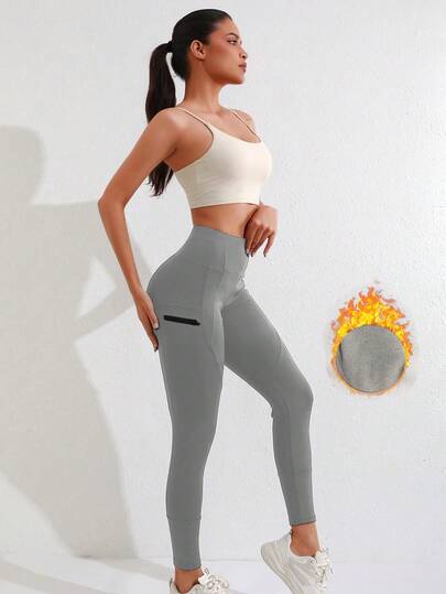 Winter Pocket Zipper Yoga Pants Fitness Pants Sports Tights Women's Yoga Clothes Outdoor Leggings Fleece Black Tights