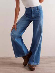 Women Wide Leg Baggy Jeans High Waisted Straight Stretchy Denim Pants Seamed Long Trousers - 藍色 - 查看 3