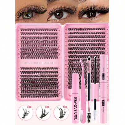 MEM 608 piezas Conjunto de extensiones de pestañas estilo D-Curl, 30D+40D/60D+80D, varias combinaciones, pestañas suaves y naturales de 10-16mm, incluye sombra de ojos, pegamento, sellador, pinzas y cepillo, adecuado para principiantes, gran capacidad