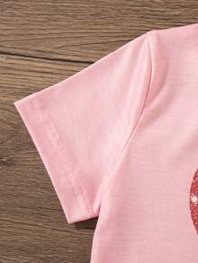 2pcs/Set Girls Casual Heart Print Short Sleeve T-Shirt And Long Pants Outfit, Regular Fit, Summer - Pink - View 4