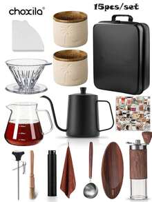choxila 4/9/12/15pcs Travel Coffee Set, Portable Travel Coffee Set, Travel Coffee Utensil Set, Coffee Set With Storage Bag, Coffee Accessories, Manual Coffee Maker Set, Suitable For Home, Travel, Outdoor Activities, Camping - Coffee Pot Set - View 15