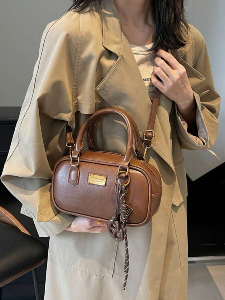Autumn Winter Versatile Crossbody Handbag, Trending Bowling Bag, High-End Retro Small Bag For Women (Brown/Coffee/Black/Wine Red With Pendant Optional) - 咖色 - 查看 1