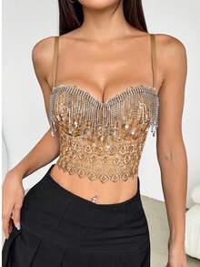 Top corto con corpetto in strass, top corset sexy in rete, reggiseno in pizzo con catena e nappe, adatto per feste e festival - Dorato - Visualizzare 3