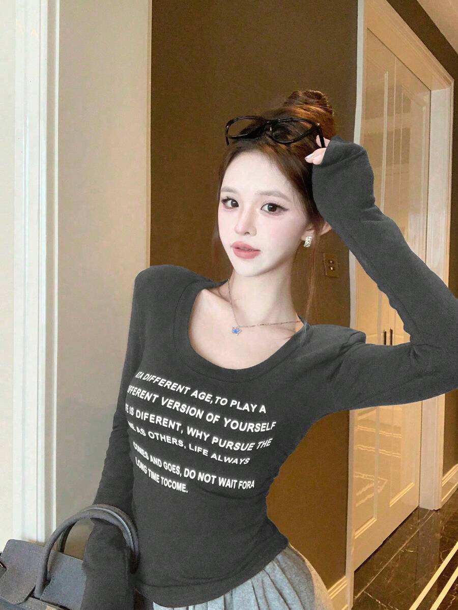 复古坏女孩字母印花保暖长袖打底衫，修身款，秋冬款 - 深灰色 - 查看 1