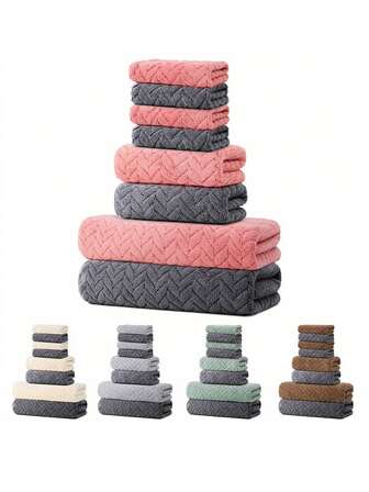 8件套珊瑚绒毛巾套装[4条面巾+2条手巾+2条浴巾]，纯色麦穗图案毛巾套装，适用于浴室，柔软吸水，速干，适合沐浴、洗脸、健身、运动、冲浪等。