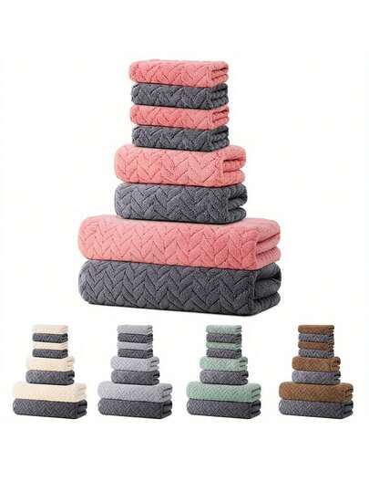 8pcs Coral Fleece Set [4 Face Towels + 2 Hand Towels + 2 Bath Towels], Solid Color Wheat Ear Pattern Towel Set For Bathroom, Soft & Absorbent, Quick Drying, Suitable For Bathing, Face Washing, Fitness, Sports, Surfing, Etc.