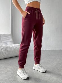 Pantalones Largos de Moda para Mujer - Cómodos y Casual con Bolsillos y Cintura Ajustable con Cuerda - Perfectos para el Día a Día - Vino tinto 2 - Ver 4