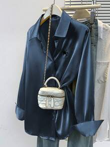 ​Women's Fall Equestrian Satin Shirt, Refined Solid-Toned Knight Print With Point Collar & Single Breasted Design For Daily Elegance