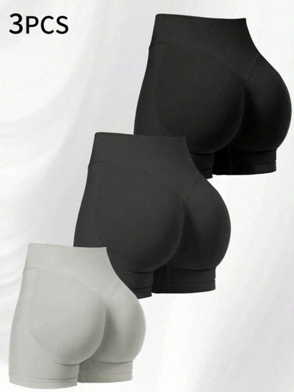 Three Pieces Set Of Women's Sport Shorts, Short Seamless Stretchy Tight Pants, High-Waisted Anti-Transparency Tummy Control Yoga Shorts, Suitable For Fitness, Running, Cycling, Yoga, Exercise And Casual Wear.