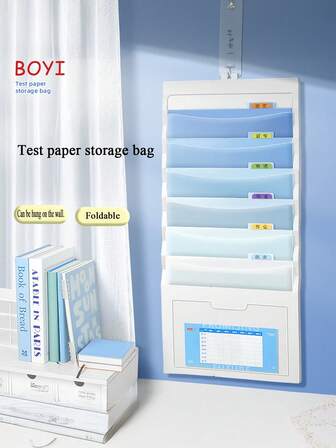 1pc A4 Accordion File Folder, Hanging Wall-Mounted Document Organizer, 7-Layer Gradient Storage Bag, Suitable For School Textbooks, Space Organization, Portable Handle