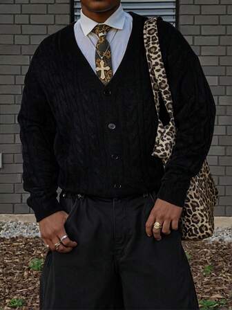 Men's Casual V-Neck Long Sleeve Cardigan Sweater, Loose Fit American Street Style, Suitable For Spring, Autumn, Winter