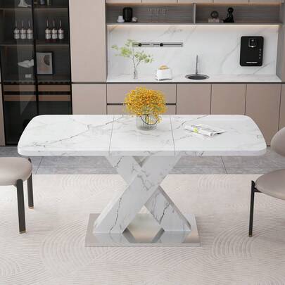 Modern Rectangle Dining Table, Stretchable, With Printed White Marble Table Top+MDF X-Shape Table Leg With Metal Base