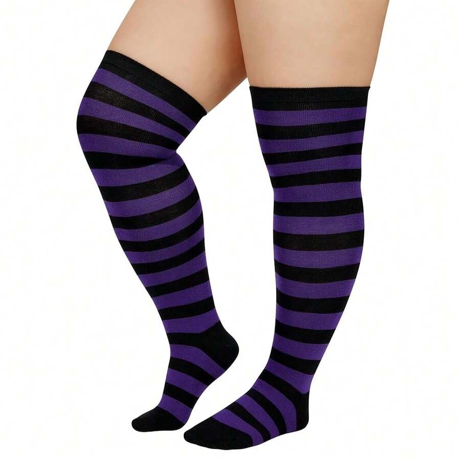Zando Plus Size Thigh High Socks For Thick Thighs Women Striped Thigh High Stockings Over The Knee Socks Leg Warmers{"Size_name":"OneSizePlus","Color_name":"PurpleBlack"} - 紫黑色 - 查看 1