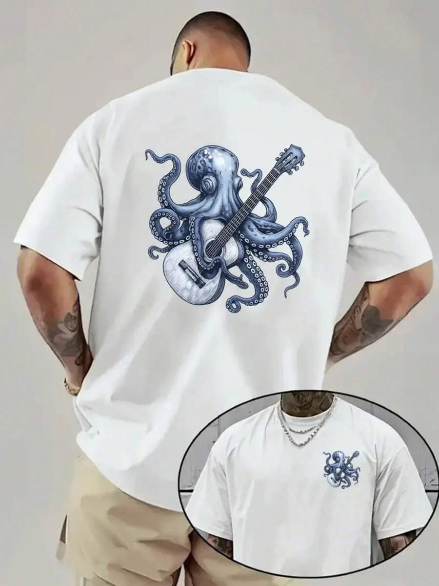 100% double-sided pure cotton, men's autumn and winter T-shirt, casual and fashionable, moisture wicking, printed with octopus guitar print, machine washable, Y2K millennium style cotton T-shirt, graphic round neck, comfortable fabric - Blanco - Ver 1