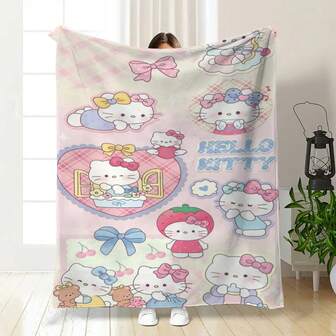 Sanrio 1 件涤纶柔软矩形盖毯，全新秋冬设计，三丽鸥卡通图案，适用于卧室装饰和派对装饰，Hello Kitty 秋冬盖毯，圣诞盖毯，适用于客厅和卧室，办公室午睡的理想选择