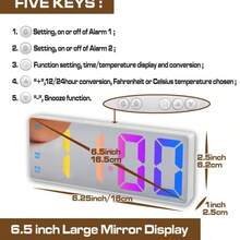 RAF LED Mirror Digital Alarm Clock, Large Screen Display, Silent No-Chime Bedside Clock With Night Light, USB Powered, Suitable For Bedroom, Office, Dorm Decor Desktop Clock - Multicolor 1 - View 12