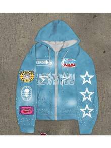 Men's Y2K Zip Hoodie, Digital Letter & Star Print Pullover With Fleece Lining & Oversized Fit - DGDJEF01 - Xem 3