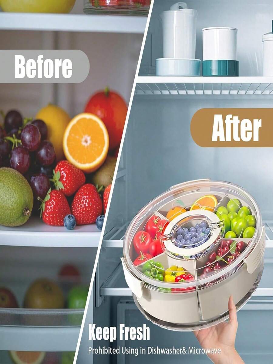 6-Grid Rotatable Small Storage Box, Kitchen Spice Compartment Box, Fruit & Seasoning Sealed Fresh-Keeping Box With Handle - Transparent White - View 1