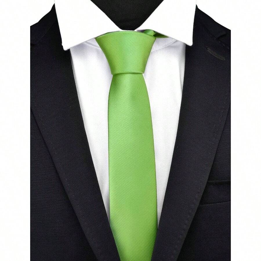 2.46cm Solid Color Tie Plain Slim Necktie Men, Avocado Green, General - Initial - View 1