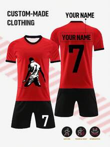 Children's Customizable New Royal Commemorative Edition Soccer Jersey Set #7, Polyester And Spandex Crew Neck Top With Slight Stretch, Black And White, Unisex, Suitable For Soccer Parties, Weekend Leisure, Running, Yoga, Hiking -- Spring/Summer Sportswear, Suitable For Outdoor Activities.