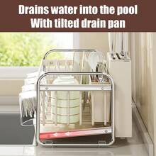 1PCS Large Steel Dish Drainer Rack With Drip Tray Cutlery Holder Plate Rack Kitchen Sink - Cream Silver - View 11