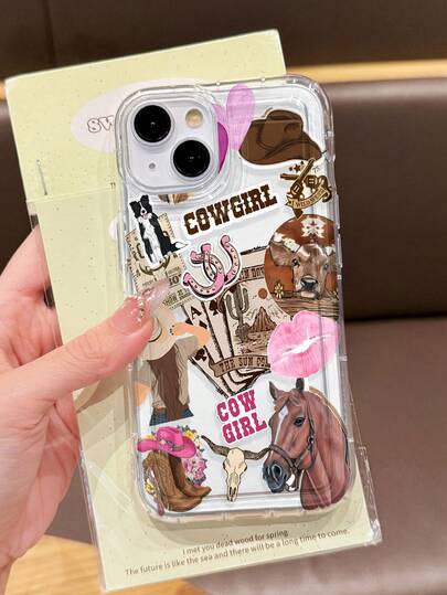1pc Western Cowboy Style Cowboy Hat, Horse, Horseshoe, Cactus Pattern Airbag Soft Phone Case Compatible With IPhone 11/12/13/14/15/16 Pro Max