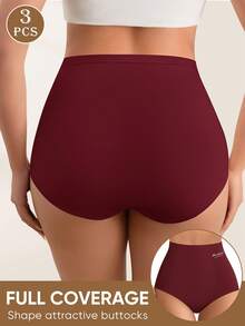 3-Pack High-Waisted Tummy-Control Panties For Women, English Print, Simple Design, Solid Color, Comfortable Fit, Hip-Lifting Briefs For Daily Use Panties For Women - Nhiều màu - Xem 2