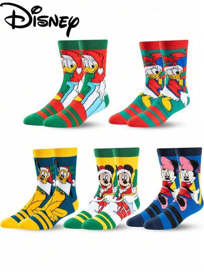 Disney 5/1 Pair Christmas Hat Cartoon Character Mickey Minnie Family New Year Gift Socks, Cartoon Christmas New Year Animation Socks For Men And Women, Creative And Interesting Socks, Great For Gifts And Parties