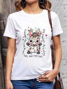 Playera divertida navidad casual mujer estampado-BURRITO SABANERO tuki tuki tuki tuki -tela suave cuello redondo manga corta otoño invierno reunión familiar - Blanco - Ver 2