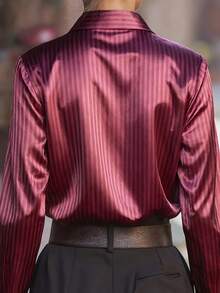 Women's Elegant Commuter Striped Print Shirt, Fashionable Casual Textured Top, Smooth Polyester Fabric, Machine Washable, Opaque, Button Detail, Suitable For Office, Commute, And Light Business Occasions