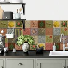 24 Floral Tile Stickers, 4x4 Inches, European Style, Peel And Stick, Waterproof PVC Tile Stickers, Farmhouse Style Kitchen And Bathroom Backsplash Decoration - Nhiều màu - Xem 2