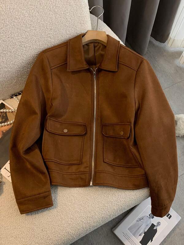 Solid Color Pocket Zipper Office Jacket, Autumn